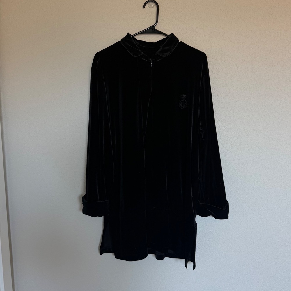 Lauren Ralph Lauren Black Velour Quarter Zip Tunic Crest Logo XL Womens